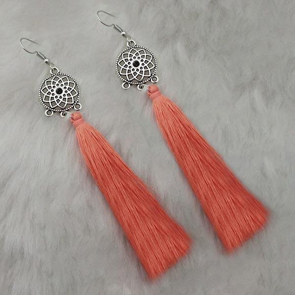 Kriaa Orange Thread Rhodium Plated Tassel Earrings - 1313323A