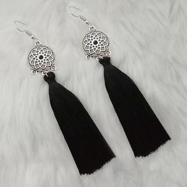 Tip Top Fashions Black Thread Rhodium Plated Tassel Earrings - 1313323B