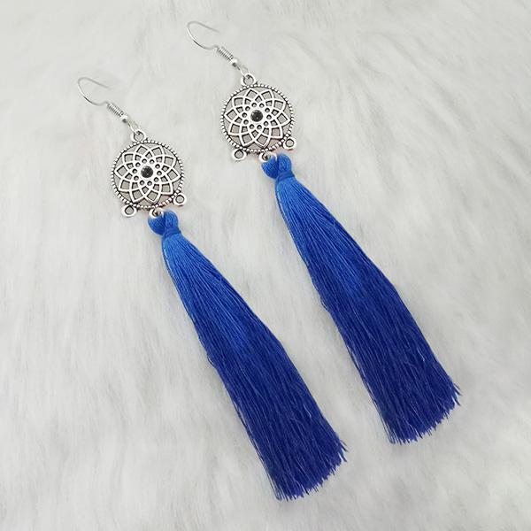 Tip Top Fashions Blue Thread Rhodium Plated Tassel Earrings - 1313323D