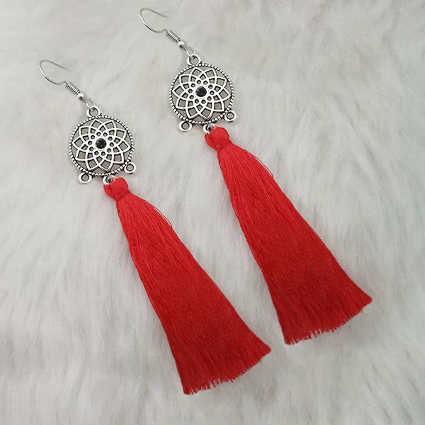 Tip Top Fashions Red Thread Rhodium Plated Tassel Earrings - 1313323F