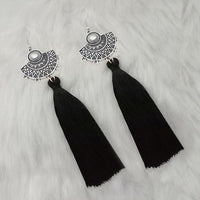 Jeweljunk Black Thread Rhodium Plated Tassel Earrings - 1313324B