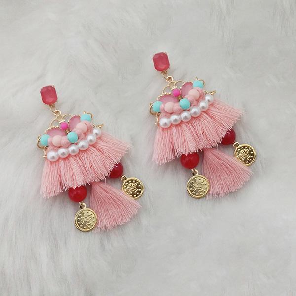 Jeweljunk Peach Thread Multi Stone Gold Plated Tassel Earrings - 1313332A
