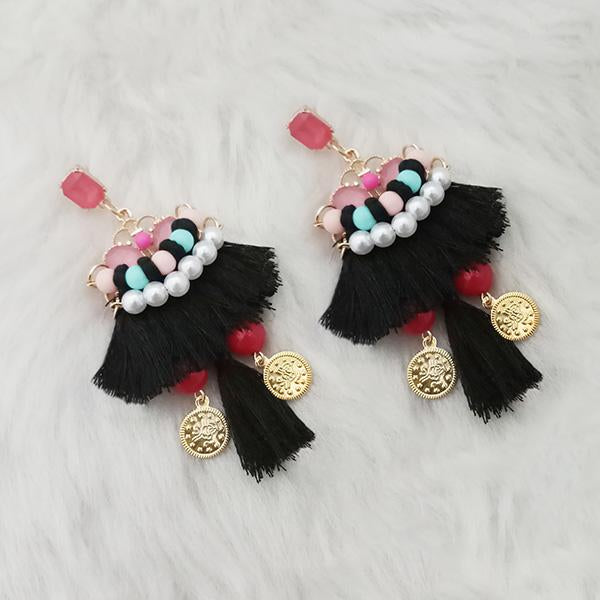 Jeweljunk Black Thread Multi Stone Gold Plated Tassel Earrings - 1313332B
