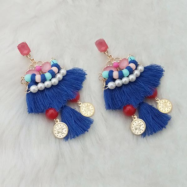 Jeweljunk Blue Thread Multi Stone Gold Plated Tassel Earrings - 1313332C
