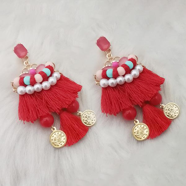 Jeweljunk Red Thread Multi Stone Gold Plated Tassel Earrings - 1313332F