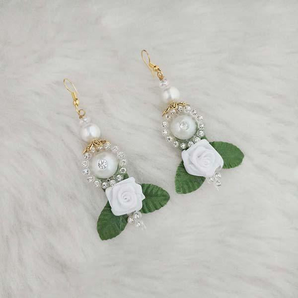 Kriaa White Floral Austrian Stone Pearl Dangler Earrings - 1313409D