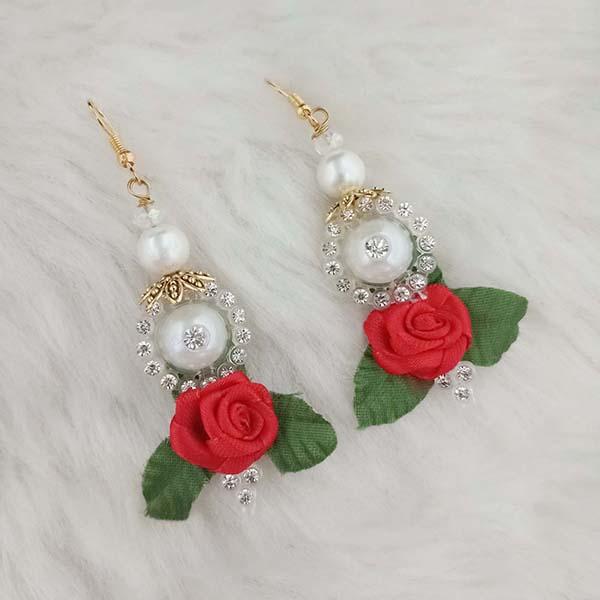 Kriaa Austrian Stone Red Floral Pearl Dangler Earrings - 1313409E