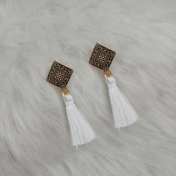 Jeweljunk White Thread Antique Gold Plated Tassel Earrings - 1313416B