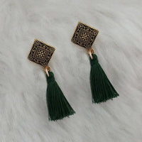 Jeweljunk Green Thread Antique Gold Plated Tassel Earrings - 1313416C