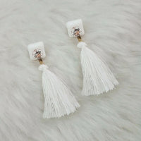 Jeweljunk Austrian Stone White Thread Tassel Earrings - 1313423B