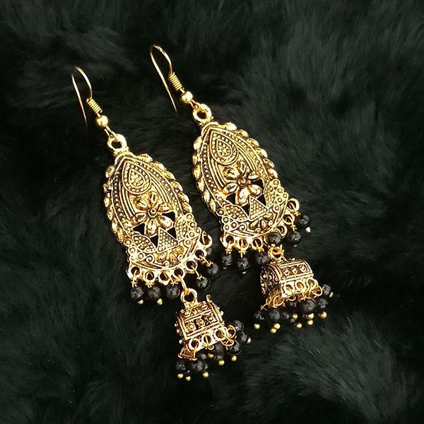 Tip Top Fashions Antique Gold Plated Black Beads Jhumki Earrings - 1313501A