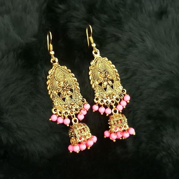 Tip Top Fashions Pink Beads Antique Gold Plated Jhumki Earrings - 1313501B