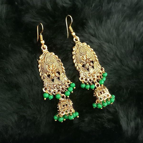 Jeweljunk Antique Gold Plated Green Beads Jhumki Earrings - 1313501C