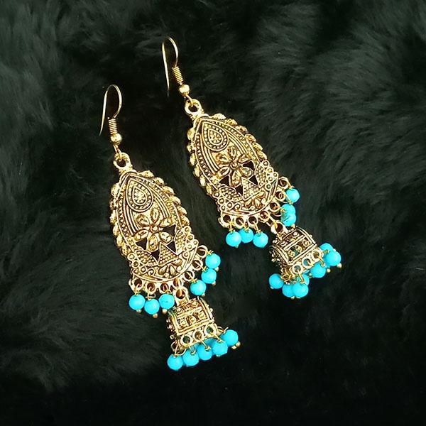 Tip Top Fashions Blue Beads Antique Gold Plated Jhumki Earrings - 1313501D