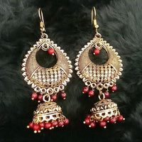 Jeweljunk Antique Gold Plated Maroon Beads Jhumki Earrings - 1313502A