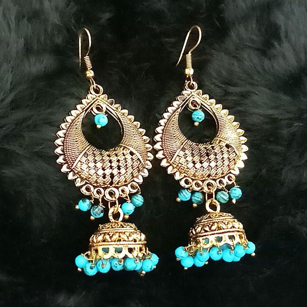 Jeweljunk Antique Gold Plated Blue Beads Jhumki Earrings - 1313502B