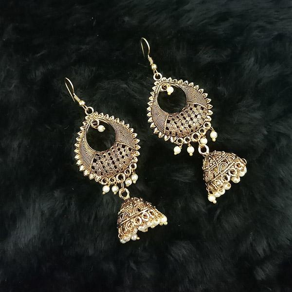 Tip Top Fashions White Beads Antique Gold Plated Jhumki Earrings - 1313502H