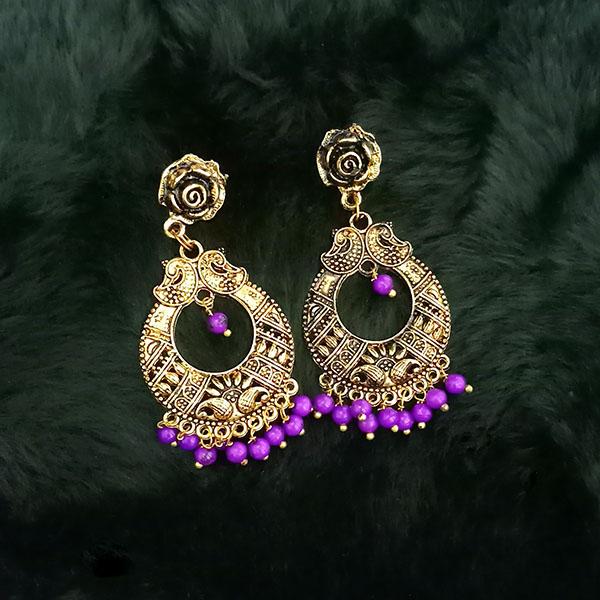 Jeweljunk Antique Gold Plated Purple Beads Dangler Earrings - 1313503B