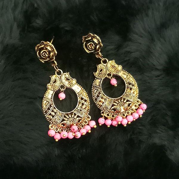 Jeweljunk Antique Gold Plated Pink Beads Dangler Earrings - 1313503F