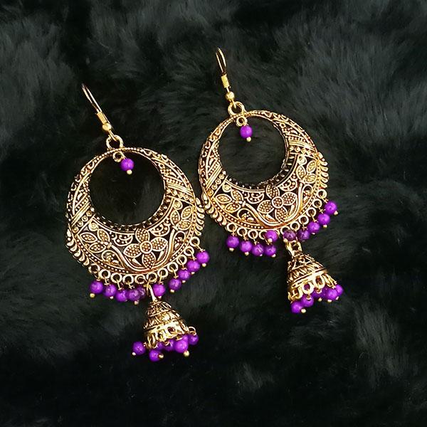 Tip Top Fashions Antique Gold Plated Purple Beads Jhumki Earrings - 1313504B