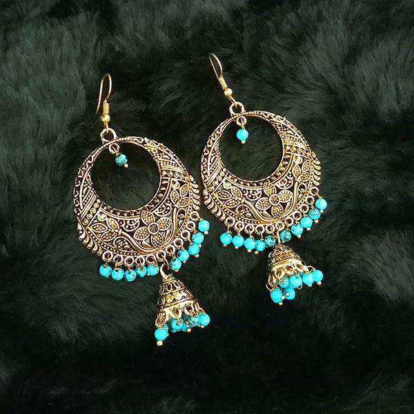Jeweljunk Antique Gold Plated Blue Beads Jhumki Earings - 1313504C