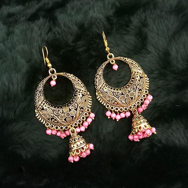 Jeweljunk Antique Gold Plated Pink Beads Jhumki Earrings - 1313504E