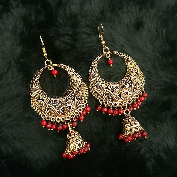 Tip Top Fashions Maroon Beads Antique Gold Plated Jhumki Earrings - 1313504G