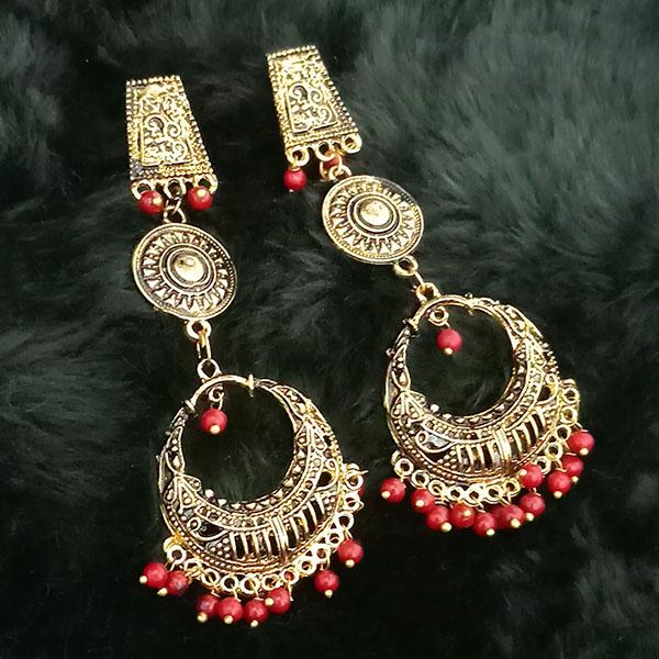 Tip Top Fashions Maroon Beads Antique Gold Plated Dangler Earrings - 1313505G