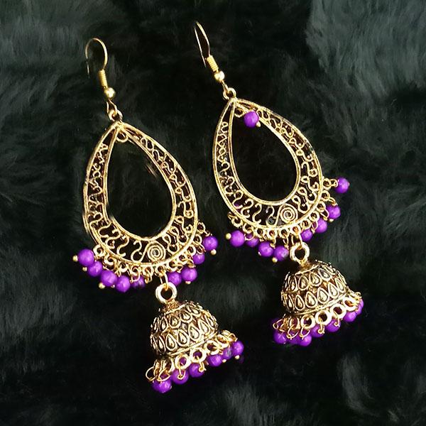 Tip Top Fashions Purple Beads Antique Gold Plated Jhumki Earrings - 1313506B