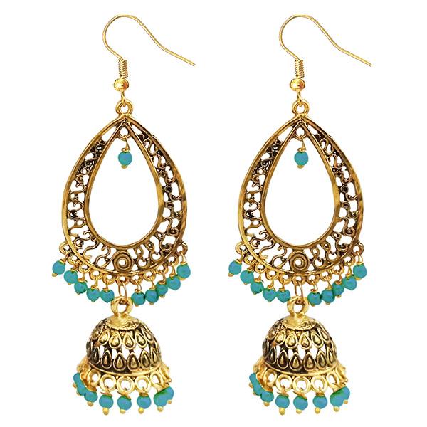 Tip Top Fashions Blue Beads Antique Gold Plated Jhumki Earrings - 1313506C