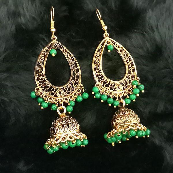 Tip Top Fashions Green Beads Antique Gold Plated Jhumki Earrings - 1313506D