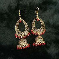 Jeweljunk Maroon Beads Antique Gold Plated Jhumki Earrings - 1313506E