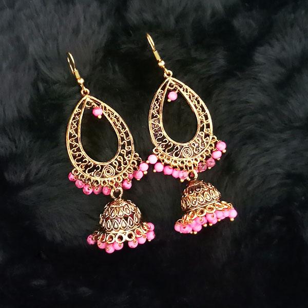 Jeweljunk Antique Gold Plated Pink Beads Jhumki Earrings - 1313506F