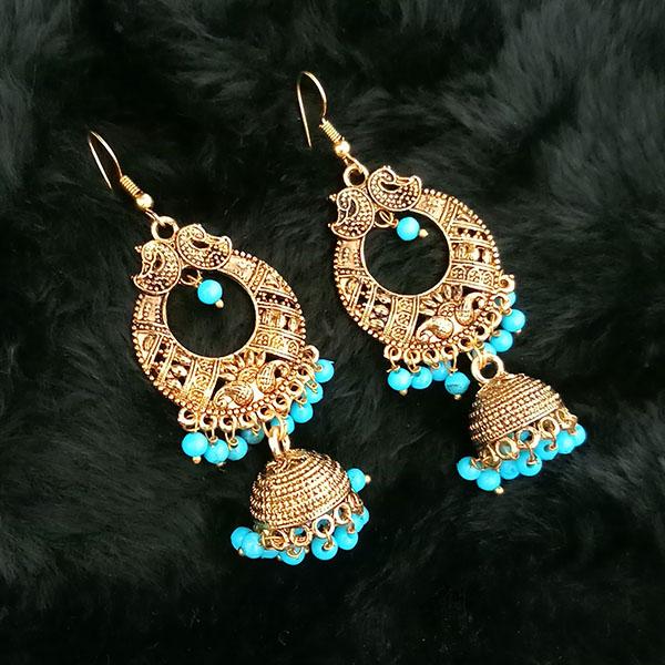 Tip Top Fashions Blue Beads Antique Gold Plated Jhumki Earrings - 1313507C