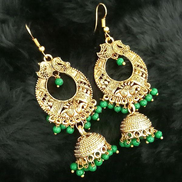 Tip Top Fashions Green Beads Antique Gold Plated Jhumki Earrings - 1313507D