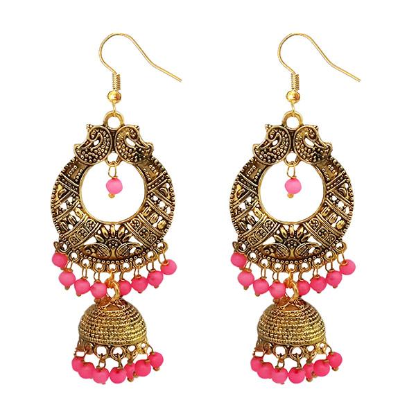 Tip Top Fashions Antique Gold Plated Pink Beads Jhumki Earrings - 1313507E