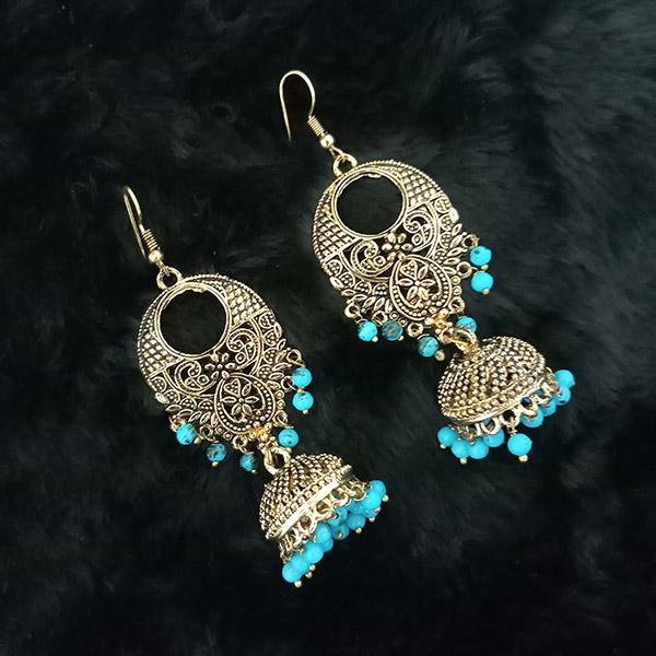 Jeweljunk Antique Gold Plated Blue Beads Jhumki Earrings - 1313508B