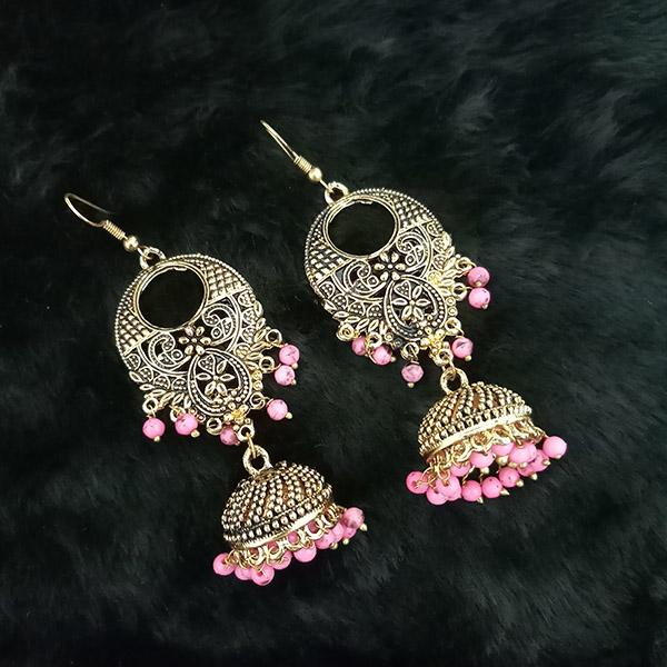 Jeweljunk Antique Gold Plated Pink Beads Jhumki Earrings - 1313508D