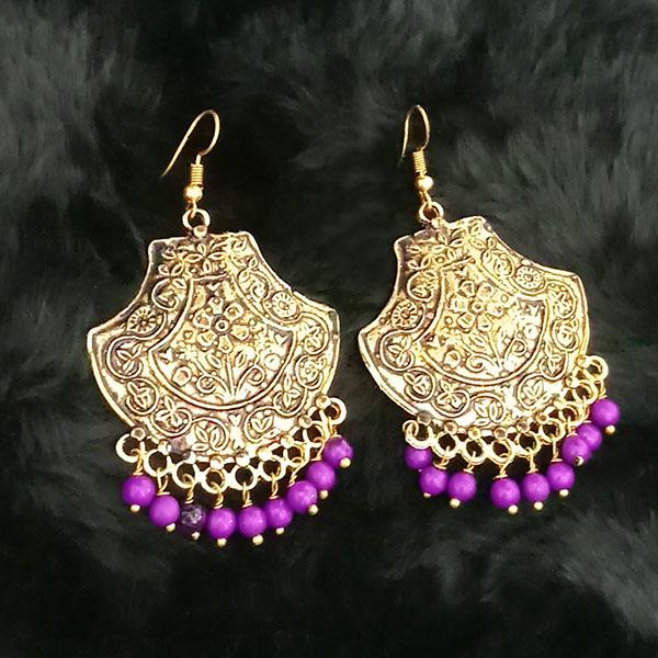 Jeweljunk Purple Beads Antique Gold Plated Dangler Earrings - 1313511B