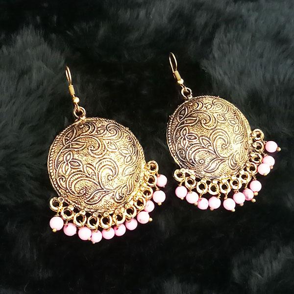 Jeweljunk Pink Beads Antique Gold Plated Dangler Earrings - 1313512F