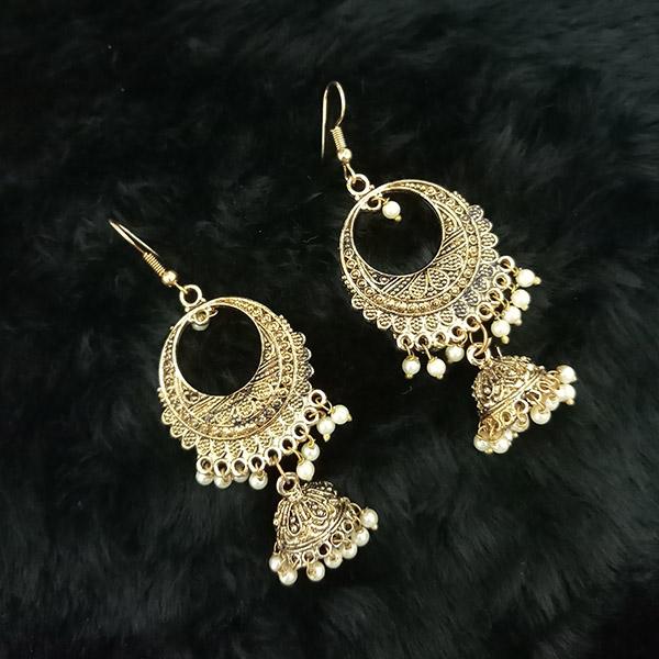 Tip Top Fashions White Beads Antique Gold Plated Jhumki Earrings - 1313513
