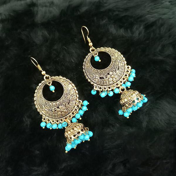 Jeweljunk Antique Gold Plated Blue Beads Jhumki Earrings - 1313514B