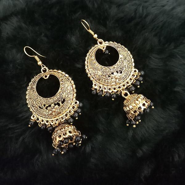 Jeweljunk Black Beads Antique Gold Plated Jhumki Earrings - 1313514D