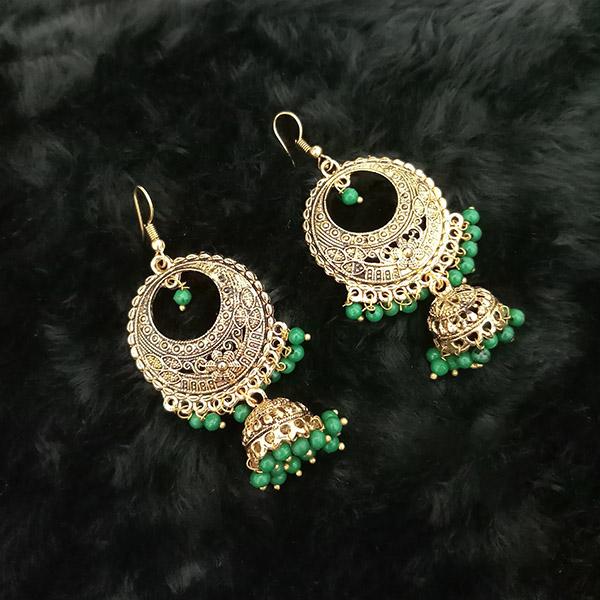 Jeweljunk Antique Gold Plated Green Beads Jhumki Earrings - 1313514E