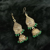 Jeweljunk Green Beads Antique Gold Plated Jhumki Earrings - 1313515G