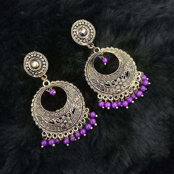 Jeweljunk Antique Gold Plated Purple Beads Dangler Earrings - 1313516C