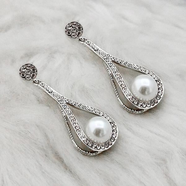 Kriaa Austrian Stone Rhodium Plated Pearl Dangler Earrings - 1313612