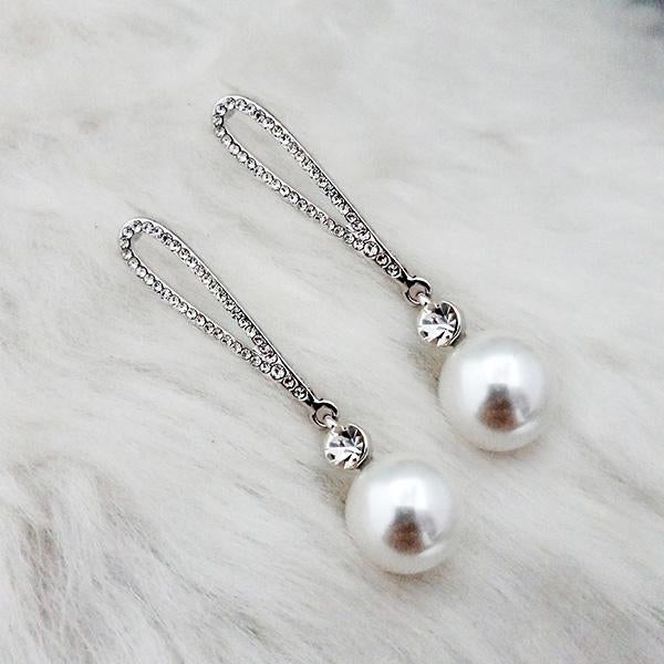 Kriaa Austrian Stone Rhodium Plated Pearl Dangler Earrings - 1313614