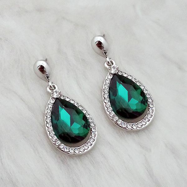 Kriaa Green Crystal Stone Rhodium Plated Dangler Earrings - 1313655E