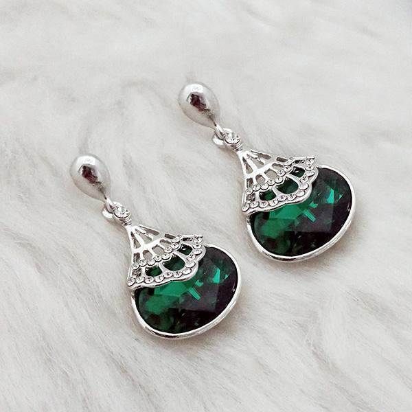 Kriaa Green Crystal Stone Rhodium Plated Dangler Earrings - 1313656E